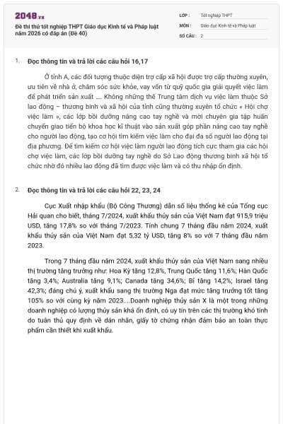 Đề thi thử tốt nghiệp THPT Giáo dục Kinh tế và Pháp luật năm 2026 có đáp án (Đề 40)