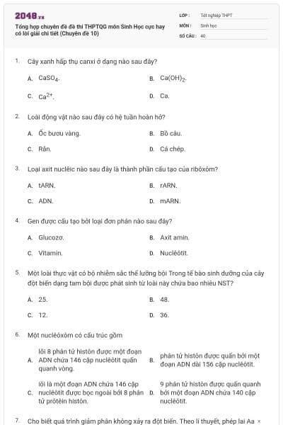 Tổng hợp chuyên đề đề thi THPTQG môn Sinh Học cực hay có lời giải chi tiết (Chuyên đề 10)