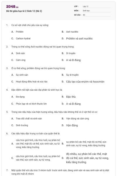 Đề thi giữa học kì 2 Sinh 12 (Đề 2)