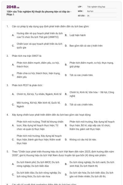 100+ câu Trắc nghiệm Kỹ thuật đa phương tiện có đáp án - Phần 1