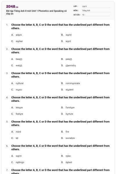 Bài tập Tiếng Anh 8 mới Unit 1 Phonetics and Speaking có đáp án