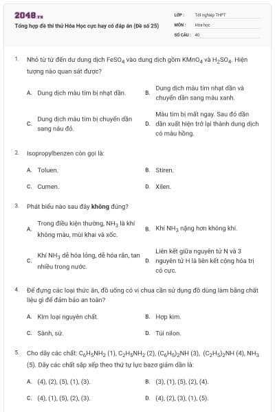 Tổng hợp đề thi thử Hóa Học cực hay có đáp án (Đề số 25)
