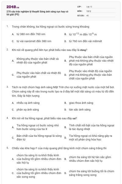 270 câu trắc nghiệm lý thuyết Sóng ánh sáng cực hay có lời giải (P5)