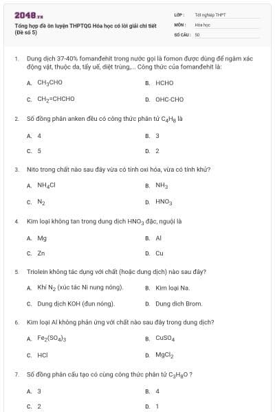 Tổng hợp đề ôn luyện THPTQG Hóa học có lời giải chi tiết (Đề số 5)