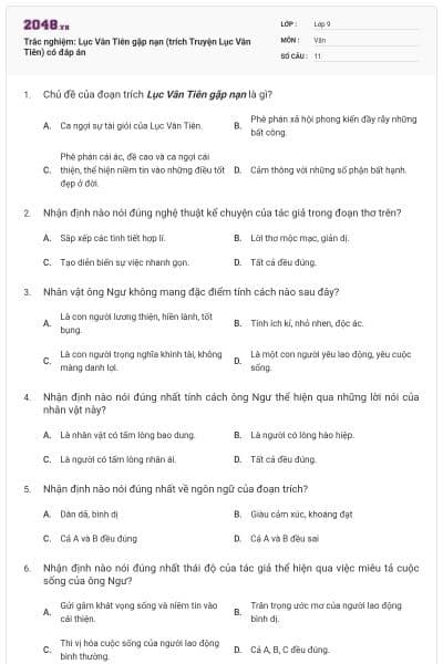 Trắc nghiệm: Lục Vân Tiên gặp nạn (trích Truyện Lục Vân Tiên) có đáp án
