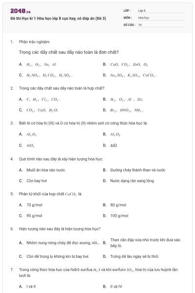 Đề thi Học kì 1 Hóa học lớp 8 cực hay, có đáp án (Đề 3)