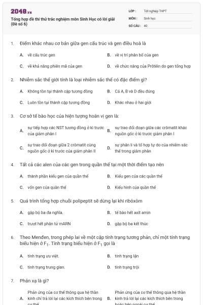 Tổng hợp đề thi thử trắc nghiệm môn Sinh Học có lời giải (Đề số 6)