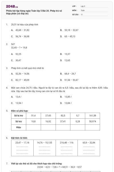 Phiếu bài tập hàng ngày Toán lớp 5 Bài 20. Phép trừ số thập phân (có đáp án)