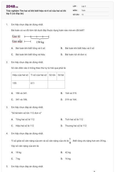 Trắc nghiệm Tìm hai số khi biết hiệu và tỉ số của hai số đó lớp 5 (có đáp án)