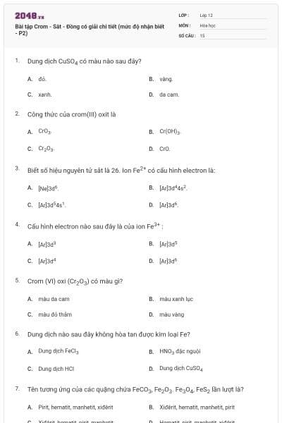 Bài tập Crom - Sắt - Đồng có giải chi tiết (mức độ nhận biết - P2)