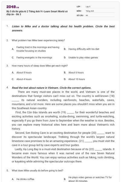 Bộ 5 đề thi giữa kì 2 Tiếng Anh 9 i-Learn Smart World có đáp án - Đề 3