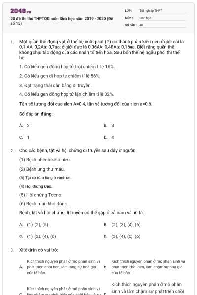 20 đề thi thử THPTQG môn Sinh học năm 2019 - 2020 (Đề số 15)