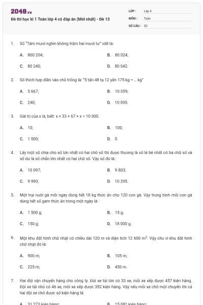 Đề thi học kì 1 Toán lớp 4 có đáp án  (Mới nhất) - Đề 13