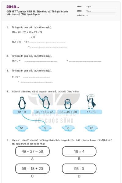 Giải SBT Toán lớp 3 Bài 38: Biểu thức số. Tính giá trị của biểu thức số (Tiết 1) có đáp án