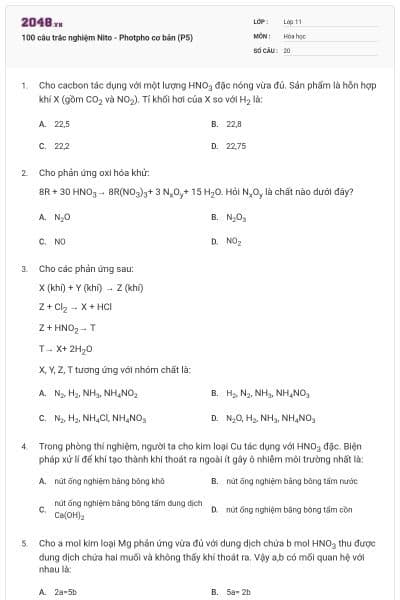 100 câu trắc nghiệm Nito - Photpho cơ bản (P5)