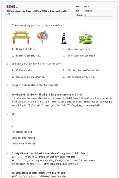 Bài tập hàng ngày Tiếng Việt lớp 3 Bài 6: Cây gạo (có đáp án)