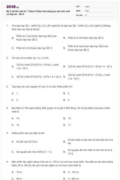 Bộ 5 đề thi cuối kì 1 Toán 6 Chân trời sáng tạo cấu trúc mới có đáp án - Đề 4