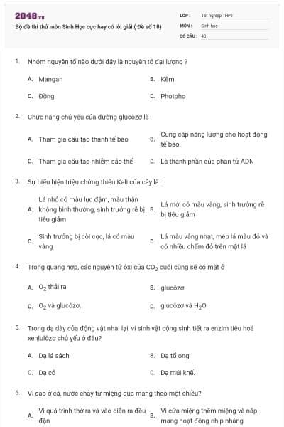 Bộ đề thi thử môn Sinh Học cực hay có lời giải ( Đề số 18)