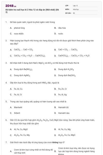 Đề kiểm tra cuối học kì 2 Hóa 12 có đáp án (Mới nhất) (Đề 3)