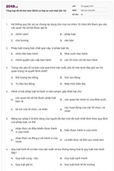 Tổng hợp đề thi thử môn GDCD có đáp án mới nhất (Đề 10)