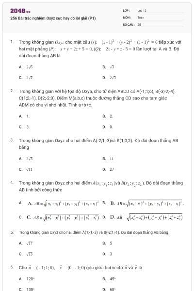 256 Bài trắc nghiệm Oxyz cực hay có lời giải (P1)
