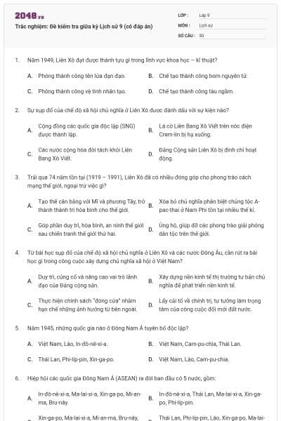 Trắc nghiệm: Đề kiểm tra giữa kỳ Lịch sử 9 (có đáp án)