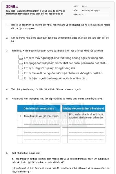 Giải SBT Hoạt động trải nghiệm 6 CTST Chủ đề 8: Phòng tránh thiên tai và giảm thiểu biến đổi khí hậu có đáp án