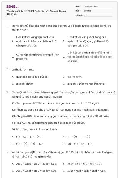 Tổng hợp đề thi thử THPT Quốc gia môn Sinh có đáp án (Đề số 24)