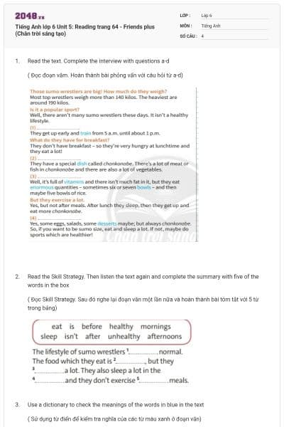 Tiếng Anh lớp 6 Unit 5: Reading trang 64 - Friends plus (Chân trời sáng tạo)
