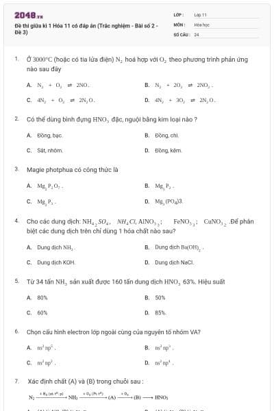Đề thi giữa kì 1 Hóa 11 có đáp án (Trắc nghiệm - Bài số 2 - Đề 3)
