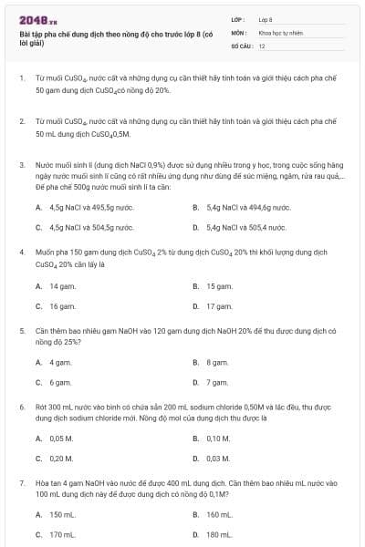 Bài tập pha chế dung dịch theo nồng độ cho trước lớp 8 (có lời giải)