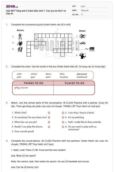 Giải SBT Tiếng anh 6 Cánh diều Unit 7. Can you do this? có đáp án