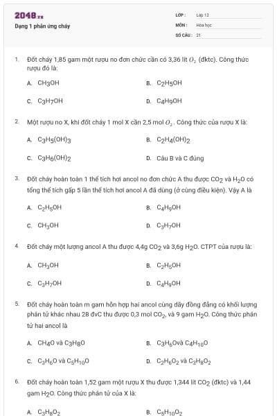 Dạng 1 phản ứng cháy