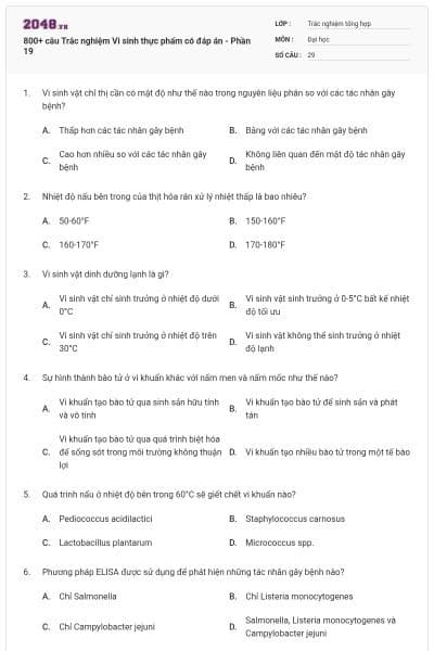 800+ câu Trắc nghiệm Vi sinh thực phẩm có đáp án - Phần 19