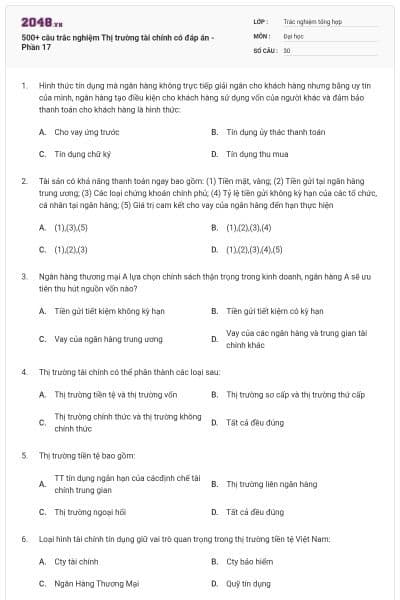 500+ câu trắc nghiệm Thị trường tài chính có đáp án - Phần 17