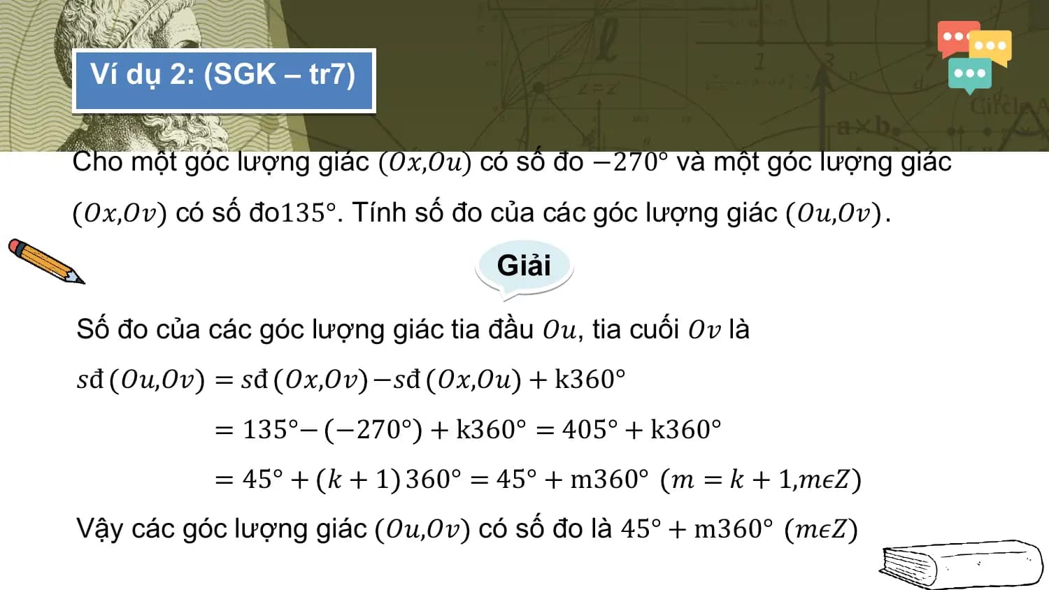 Ví dụ 2: (SGK – tr7)

Cho một góc lượng giác (𝑂𝑥,𝑂𝑢) có số đo −270° và một góc lượng giác
𝑂𝑥,𝑂𝑣 có số đo135°. Tính số đo của các góc lượng giác 𝑂𝑢,𝑂𝑣 .
 Giải

Số đo của các góc lượng giác tia đầu 𝑂𝑢, tia cuối 𝑂𝑣 là
𝑠đ 𝑂𝑢,𝑂𝑣 = 𝑠đ 𝑂𝑥,𝑂𝑣 −𝑠đ 𝑂𝑥,𝑂𝑢 + k360°
 = 135°− −270° + k360° = 405° + k360°
 = 45° + 𝑘 + 1 360° = 45° + m360° 𝑚 = 𝑘 + 1,𝑚𝜖𝑍
Vậy các góc lượng giác 𝑂𝑢,𝑂𝑣 có số đo là 45° + m360° 𝑚𝜖𝑍