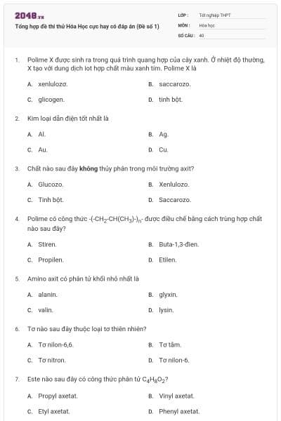 Tổng hợp đề thi thử Hóa Học cực hay có đáp án (Đề số 1)