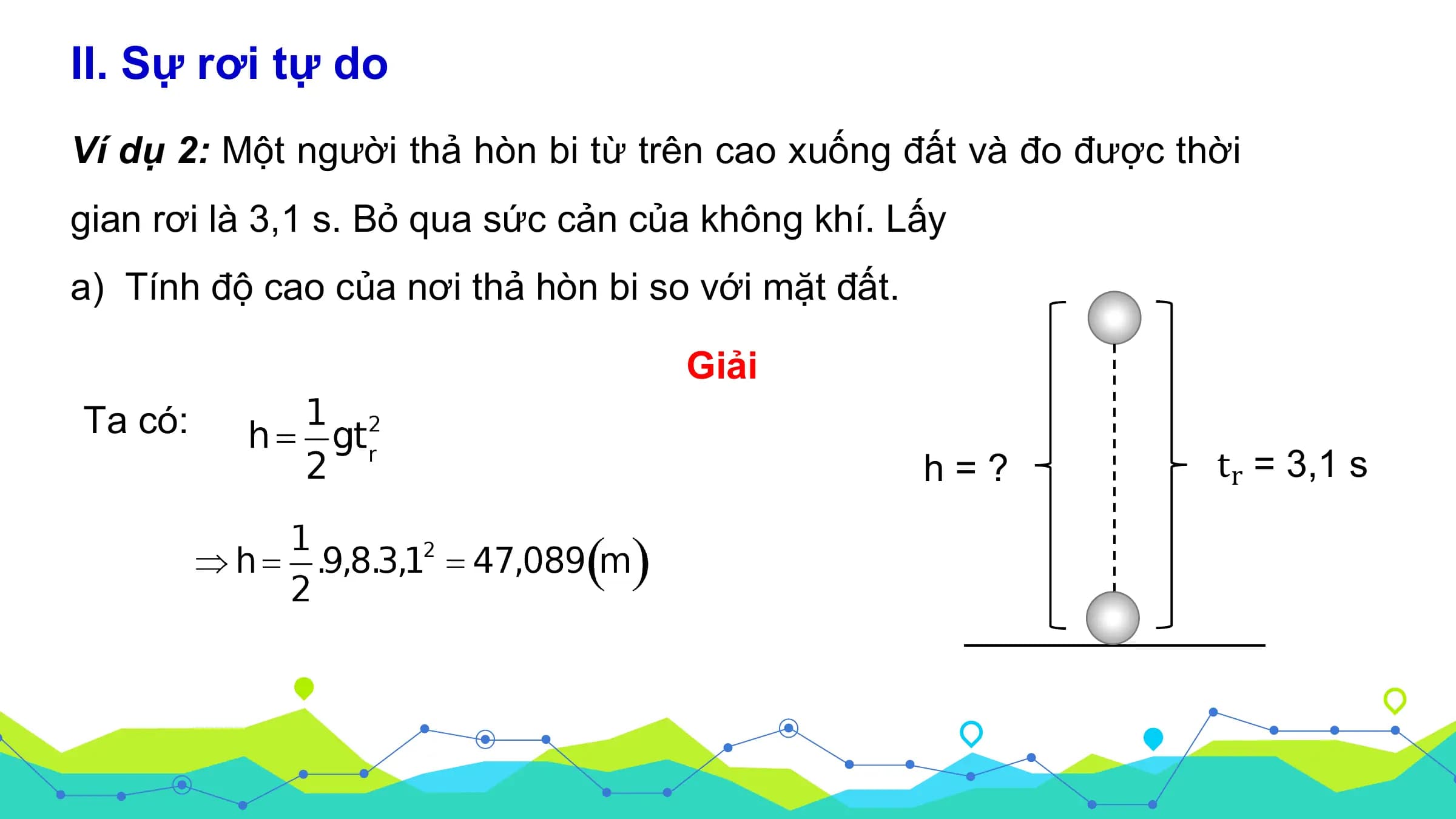 II. Sự rơi tự do
Ví dụ 2: Một người thả hòn bi từ trên cao xuống đất và đo được thời
gian rơi là 3,1 s. Bỏ qua sức cản của không khí. Lấy
a) Tính độ cao của nơi thả hòn bi so với mặt đất.

 Giải
Ta có:
 h=? tr = 3,1 s