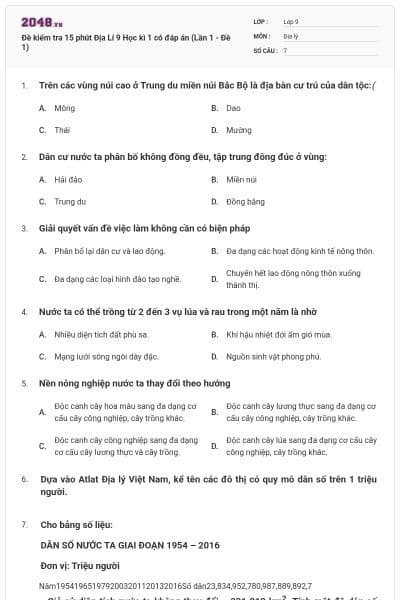 Đề kiểm tra 15 phút Địa Lí 9 Học kì 1 có đáp án (Lần 1 - Đề 1)