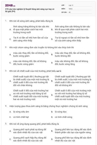 270 câu trắc nghiệm lý thuyết Sóng ánh sáng cực hay có lời giải (P4)