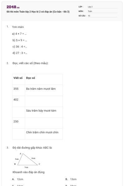 Đề thi môn Toán lớp 2 Học kì 2 có đáp án (Cơ bản - Đề 3)
