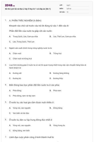 Đề thi Lịch Sử và Địa Lí lớp 5 Học kì 1 có đáp án (Đề 1)