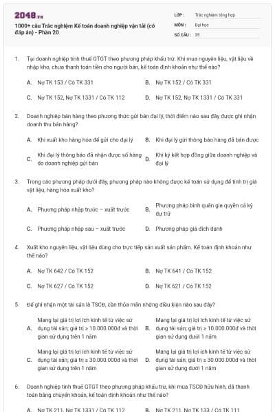 1000+ câu Trắc nghiệm Kế toán doanh nghiệp vận tải (có đáp án) - Phần 20
