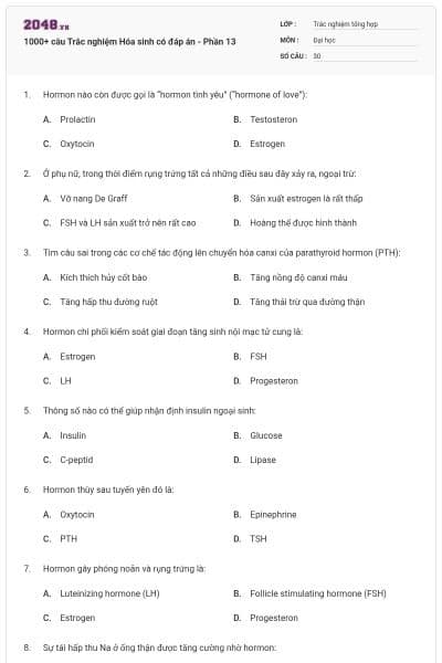 1000+ câu Trắc nghiệm Hóa sinh có đáp án - Phần 13