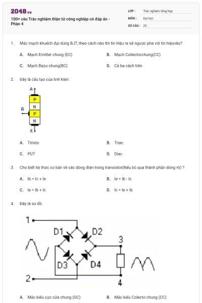 100+ câu Trắc nghiệm Điện tử công nghiệp có đáp án - Phần 4