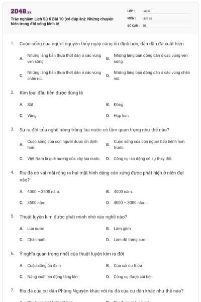 Trắc nghiệm Lịch Sử 6 Bài 10 (có đáp án): Những chuyển biến trong đời sống kinh tế
