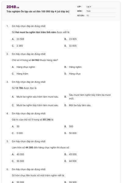 Trắc nghiệm Ôn tập các số đến 100 000 lớp 4 (có đáp án)