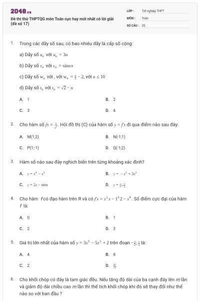 Đè thi thử THPTQG môn Toán cực hay mới nhất có lời giải (đề số 17)
