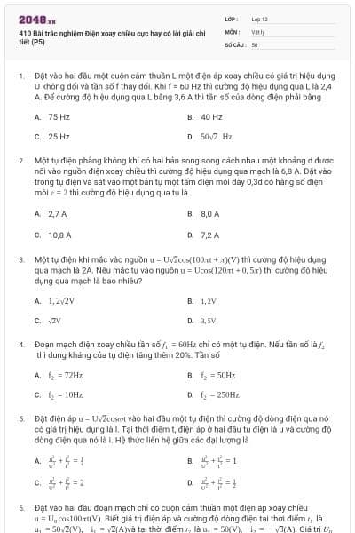 410 Bài trắc nghiệm Điện xoay chiều cực hay có lời giải chi tiết (P5)