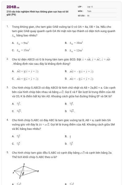 210 câu trắc nghiệm Hình học không gian cực hay có lời giải (P6)